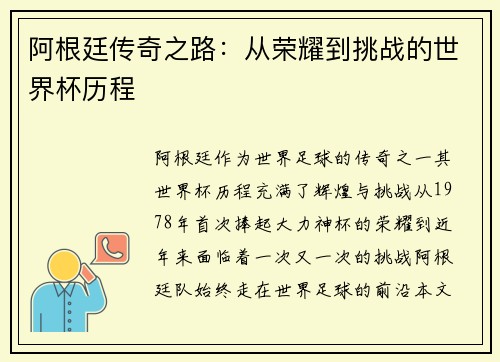 阿根廷传奇之路：从荣耀到挑战的世界杯历程