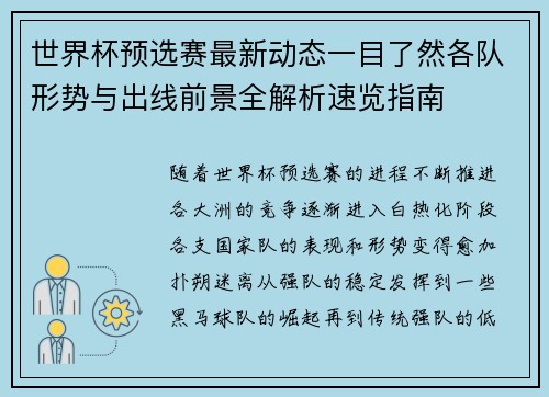 世界杯预选赛最新动态一目了然各队形势与出线前景全解析速览指南