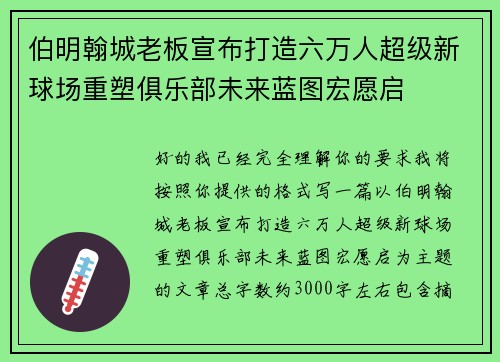 伯明翰城老板宣布打造六万人超级新球场重塑俱乐部未来蓝图宏愿启