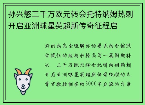 孙兴慜三千万欧元转会托特纳姆热刺开启亚洲球星英超新传奇征程启